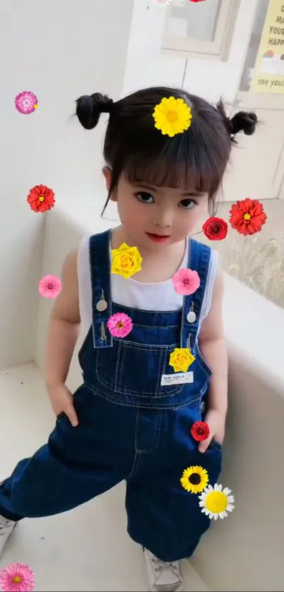 Adorable child in denim with flowers.