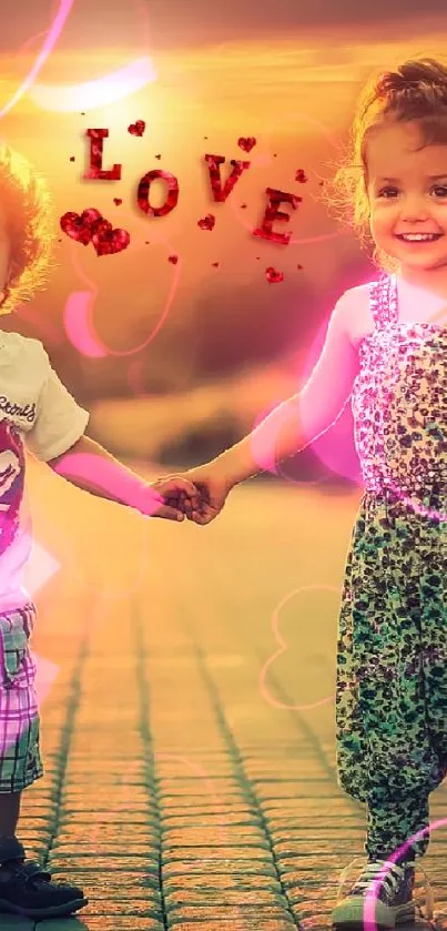 Two children holding hands on a sunset path with the word 'love' above them.