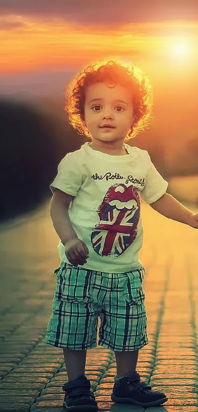 Two kids holding hands at sunset on a road, creating a heartwarming scene.