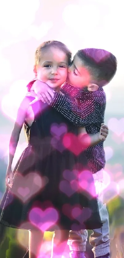 Adorable kids hugging with a heart-filled dreamy background.