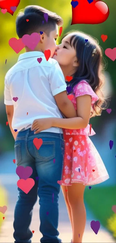 Adorable kids sharing a cute embrace with colorful hearts background.