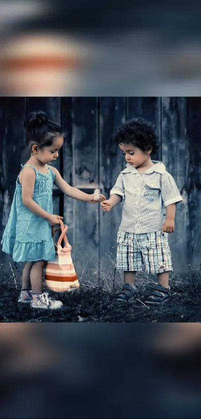 Two children sharing a cute moment in a rustic setting.