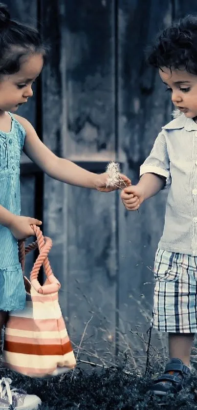 Two children sharing a sweet moment outdoors by a wooden fence.