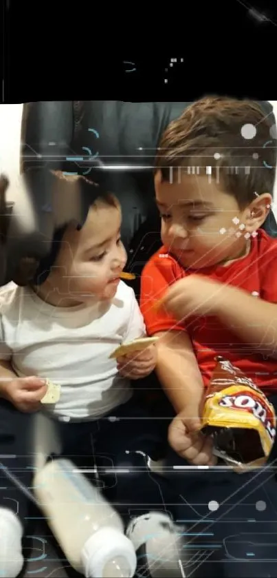 Adorable children share snacks, smiling and bonding.