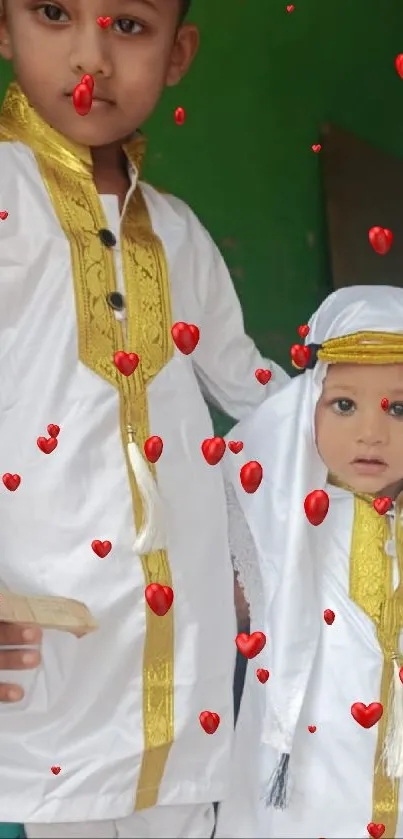 Kids in traditional outfits with red hearts.