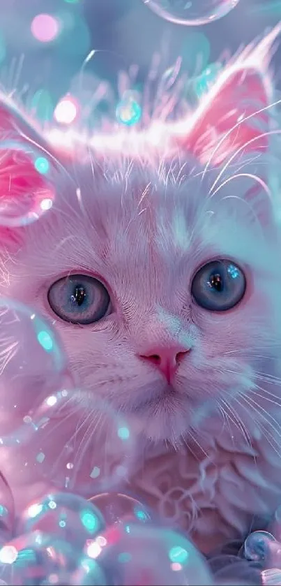 Adorable fluffy kitten surrounded by bubbles.