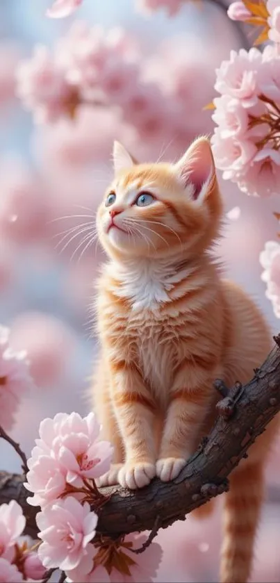 Adorable kitten perched on cherry blossom branch.