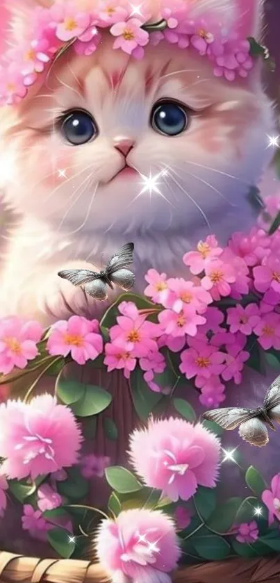 Adorable kitten with pink flowers and butterflies in a basket.