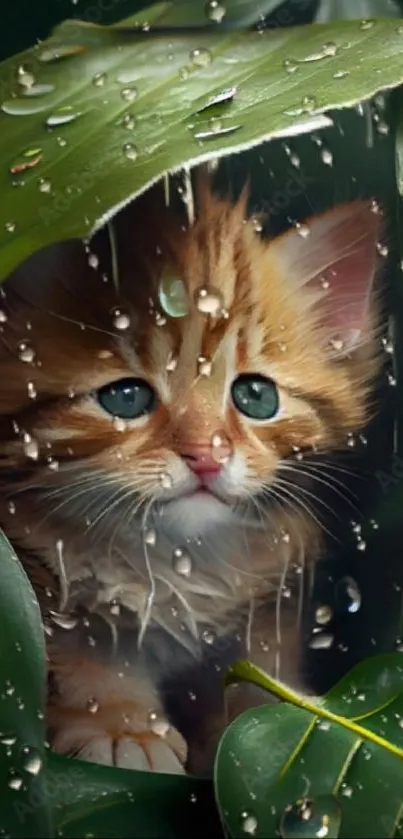 A cute kitten peeks through wet green leaves, creating a charming natural scene.