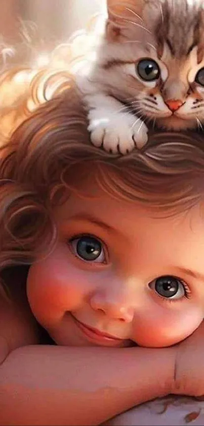 Cute kitten perched on smiling child's head in a sweet illustrative wallpaper.