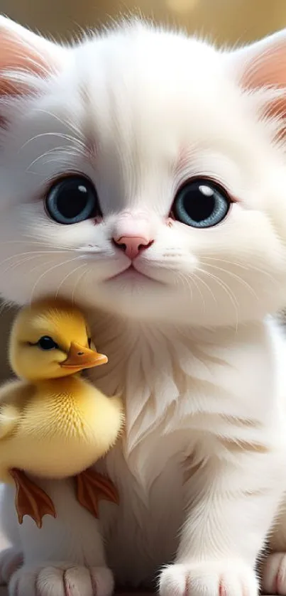 Cute white kitten and duckling mobile wallpaper.