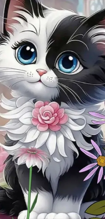 Adorable kitten amidst vibrant pink flowers in an artistic wallpaper.