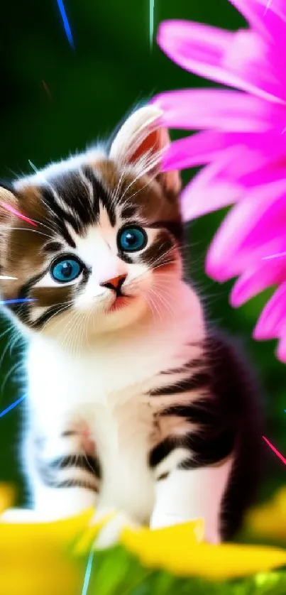 Adorable kitten with blue eyes and vibrant flowers background.