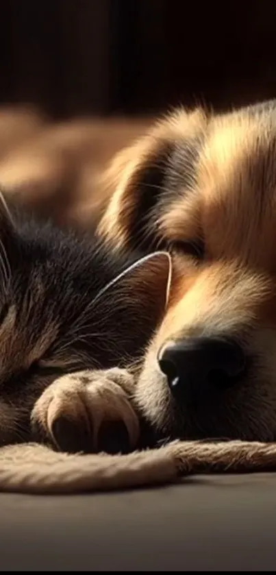 Adorable kitten and puppy sleeping together on a cozy surface.