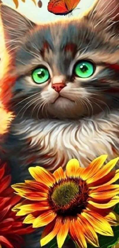 Adorable kitten surrounded by vibrant sunflowers and colorful petals.