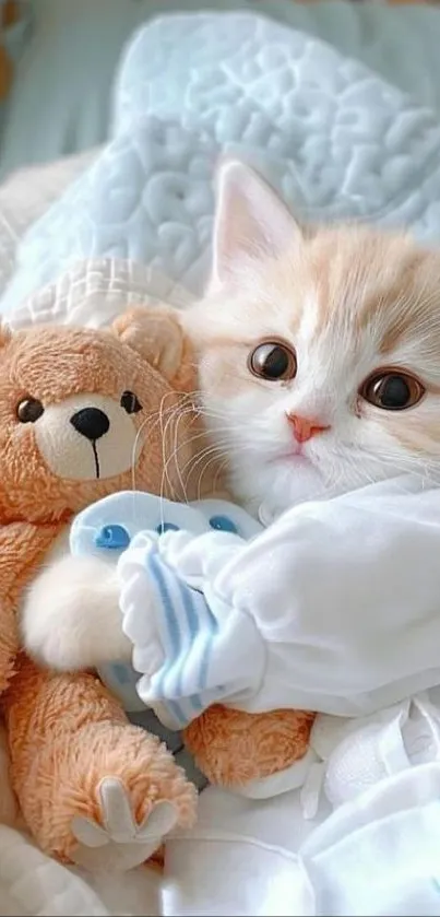 Adorable kitten cuddling a teddy bear in cozy beige tones.