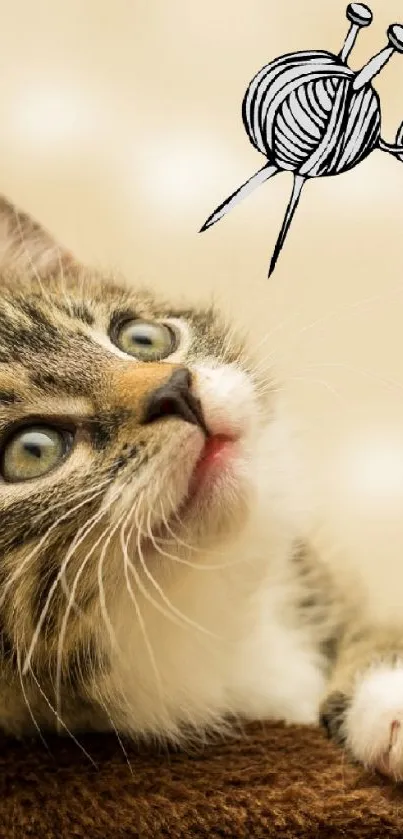 Adorable kitten gazing at yarn in soft beige tones.