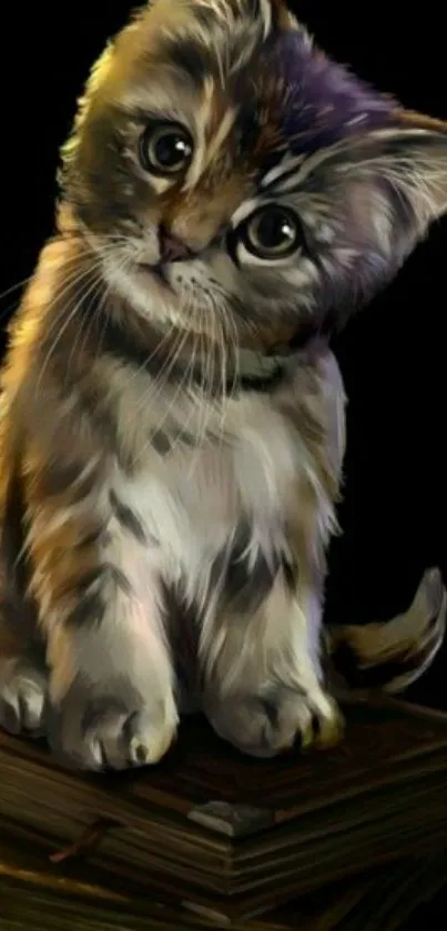 Charming kitten sitting on a stack of books with a black background.