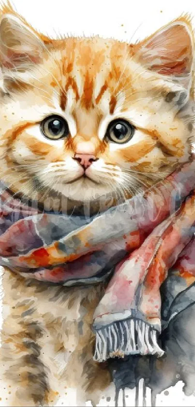 Watercolor of kitten in scarf, stylish and cute.