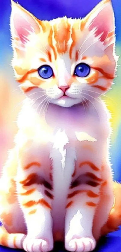 Adorable orange and white kitten with blue eyes on a colorful background.