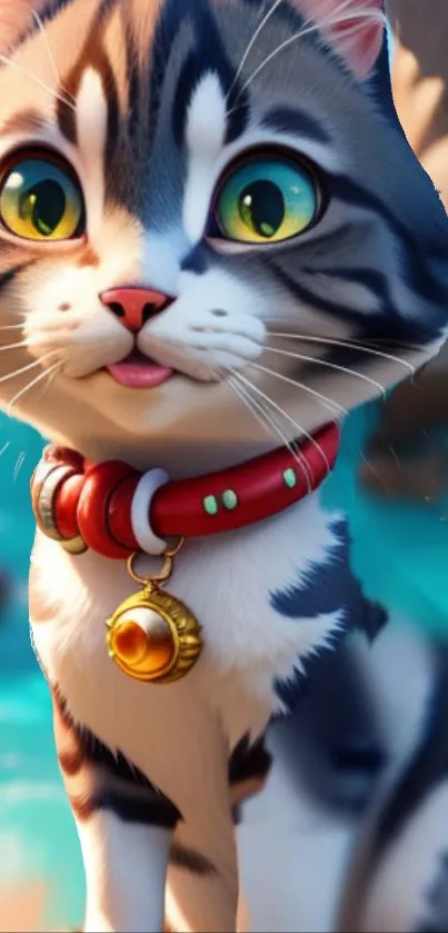 Adorable kitten with collar by the beach in vibrant digital art.