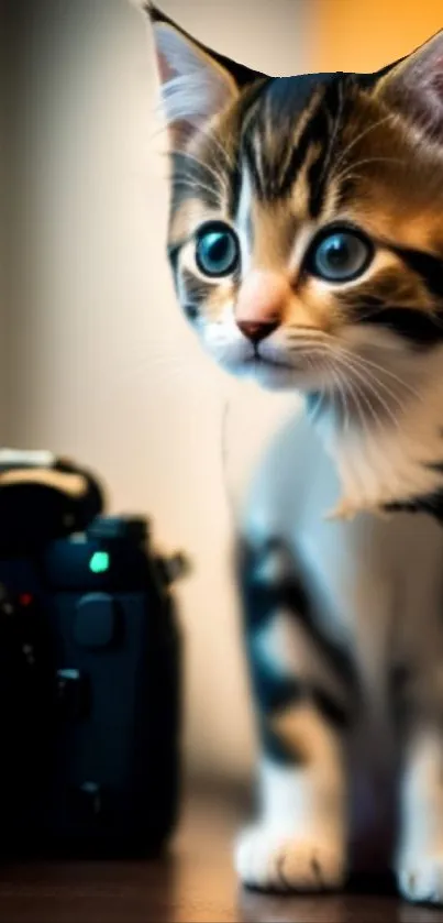 Adorable kitten with striped fur sitting beside a camera.