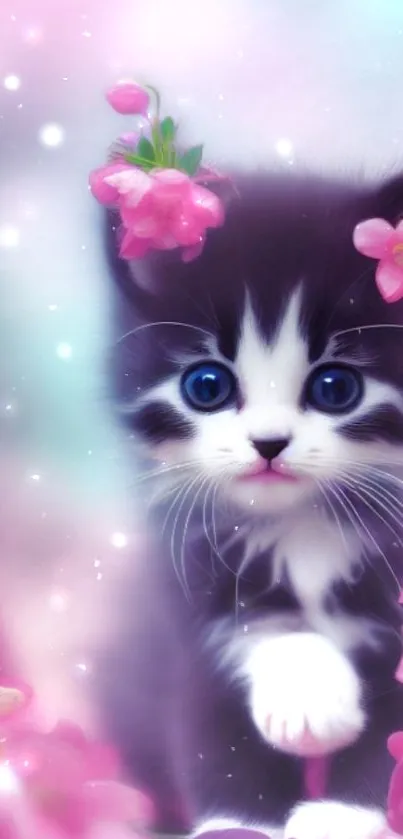 Adorable kitten with pink flowers in a charming mobile wallpaper.