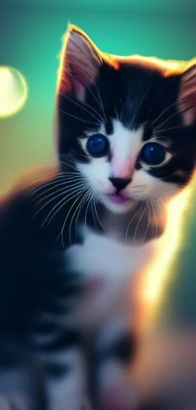 Cute kitten with bright eyes and colorful glowing background mobile wallpaper.