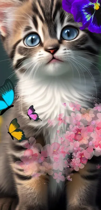 Adorable kitten with butterflies and flowers in a fantasy-themed wallpaper.