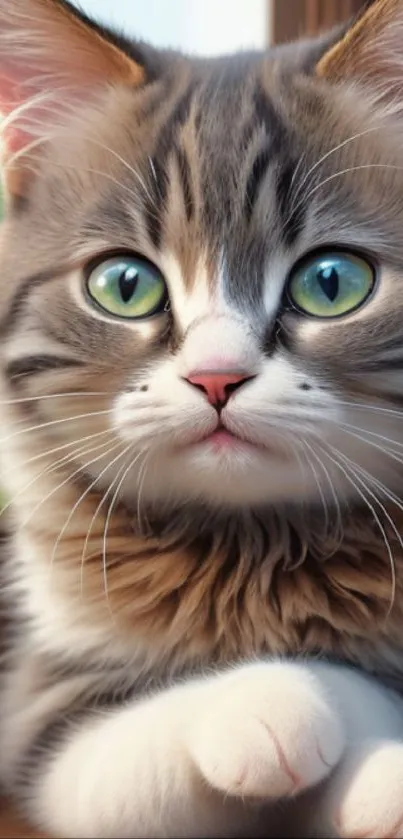 Adorable fluffy kitten sitting by a window, looking curious and cute.