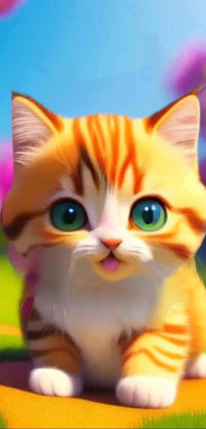 Cute cartoon kitten with green eyes and vibrant colors.