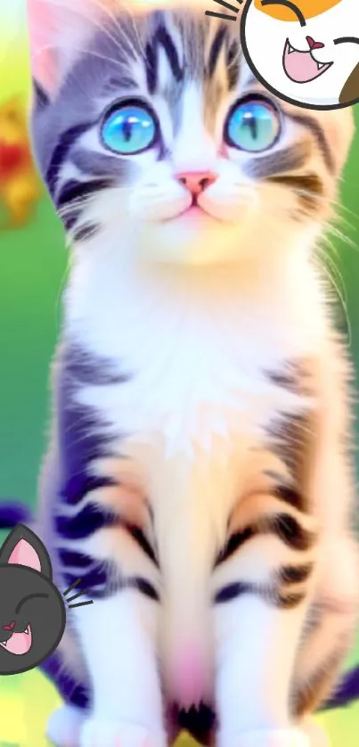 Cute cartoon kitten with colorful playful background.