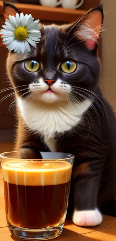 Adorable kitten with daisy next to a cup of coffee in a cozy room.