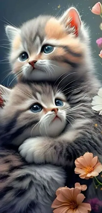 Two cute kittens cuddling with flowers in background.