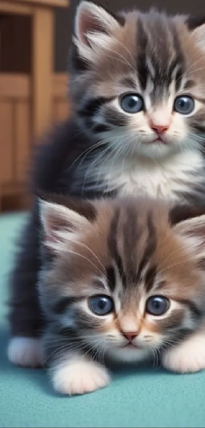 Two adorable kittens with blue eyes on a teal surface.