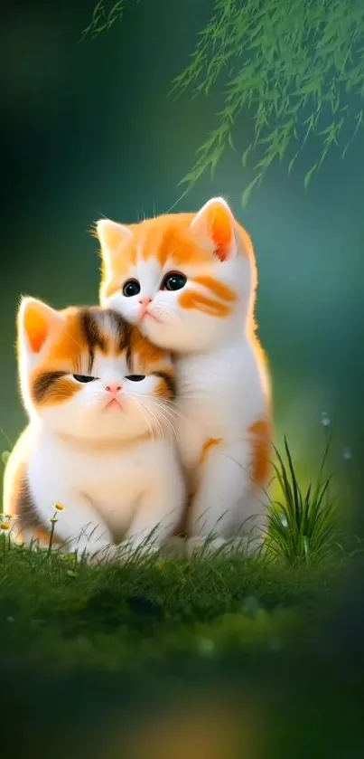 Adorable kittens nestled in lush greenery, perfect for mobile wallpaper.