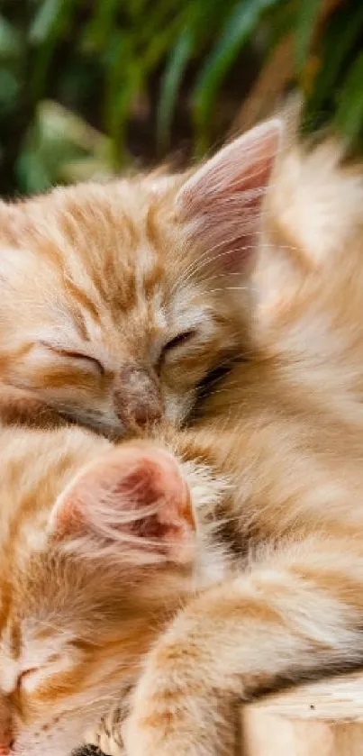 Two adorable orange kittens sleeping peacefully together in warm light.