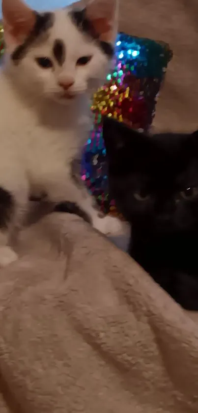 Two adorable kittens snuggle on a soft, beige blanket with a colorful sequin pillow.