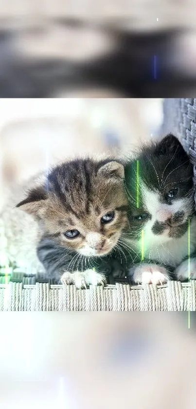 Two adorable kittens snuggled closely on a wicker surface.