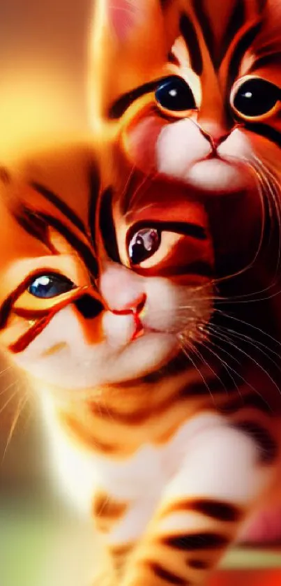 Adorable kittens with orange fur and bright eyes on a colorful background.