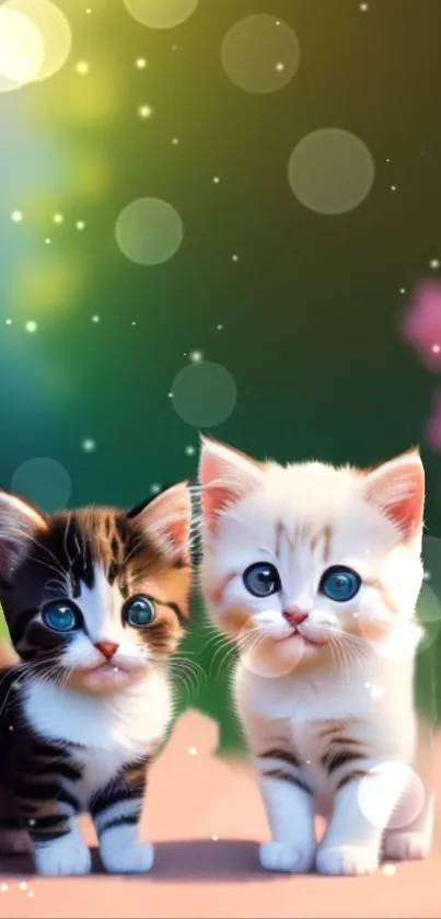 Two cute kittens with big blue eyes in a bokeh background.