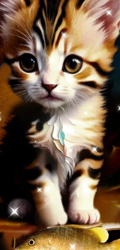 Adorable kitten with magical sparkles in a fantasy-themed wallpaper.