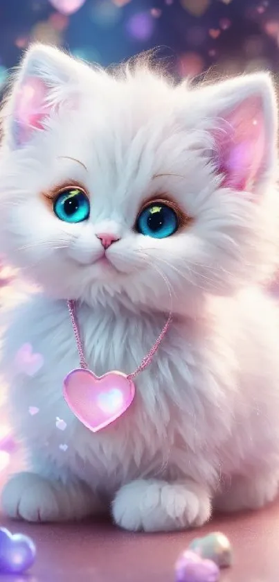 Adorable fluffy kitten with blue eyes and a heart necklace against a pink background.