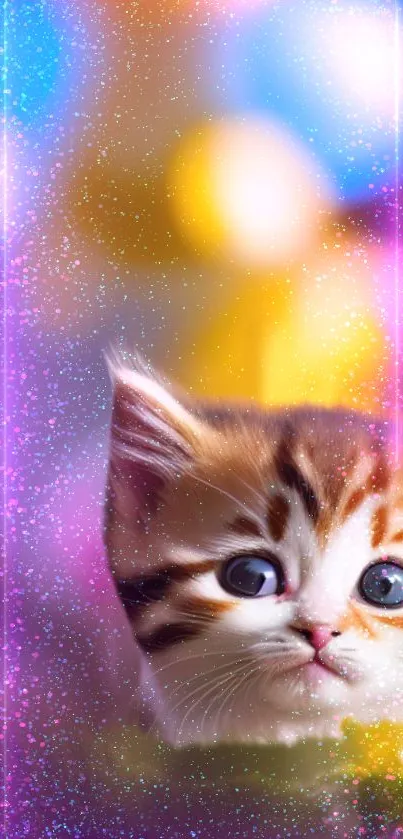 Cute kitten with colorful bokeh and sparkles in a fantasy scene.