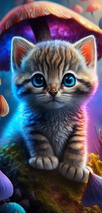 Adorable kitten with blue eyes in fantasy mushroom setting