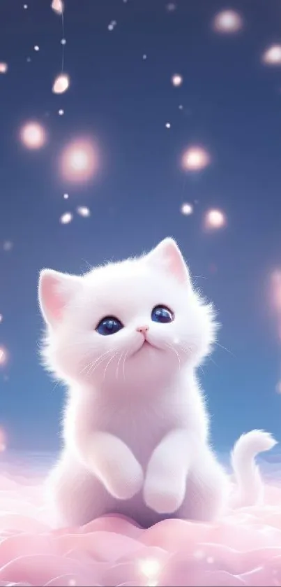 Cute white kitten on a dreamy, sparking background.