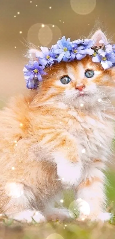 Fluffy kitten with a floral crown, sitting on grass.