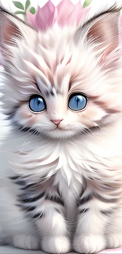 Adorable kitten with blue eyes sitting in a floral background.