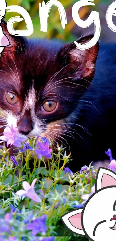 Adorable kitten surrounded by purple flowers with cartoon cats.