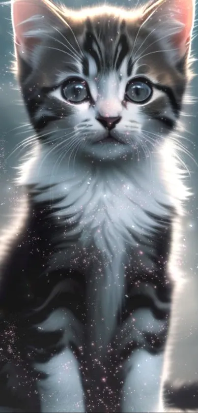 Adorable kitten with galaxy glow effect mobile wallpaper.